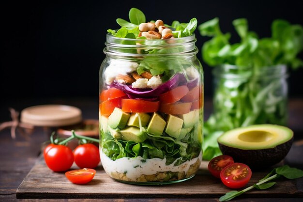 Salada servida em um frasco de alvenaria com camadas de ingredientes para uma aparência visualmente atraente