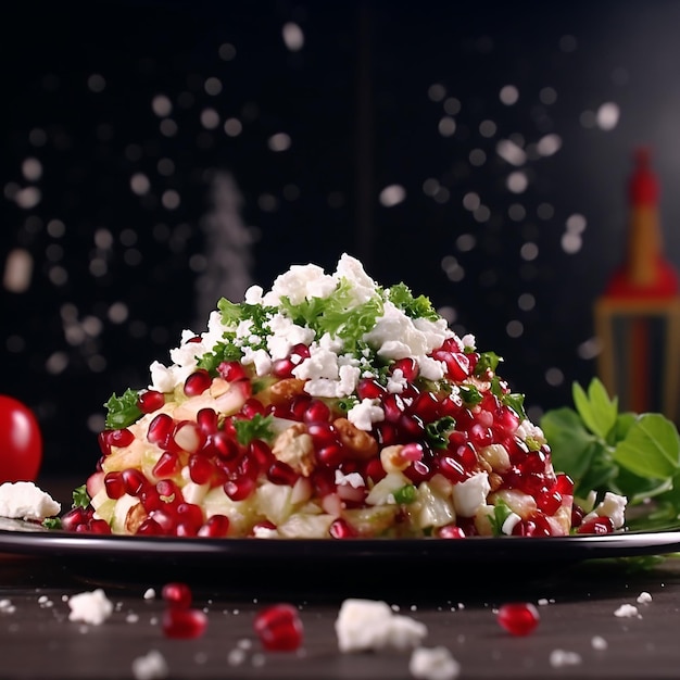 Salada temática de Natal com sementes de romã e queijo feta