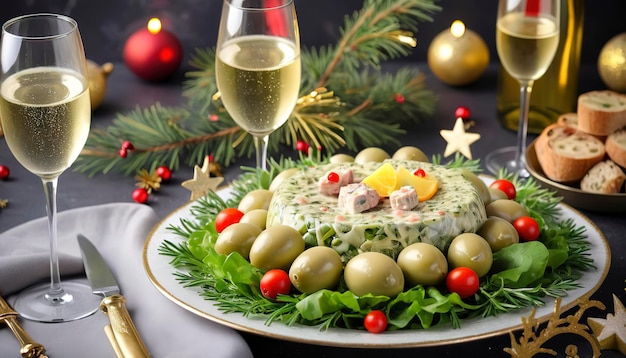 Salada tradicional de Año Nuevo Olivier Mesa festiva de Año Novo y copas de champán