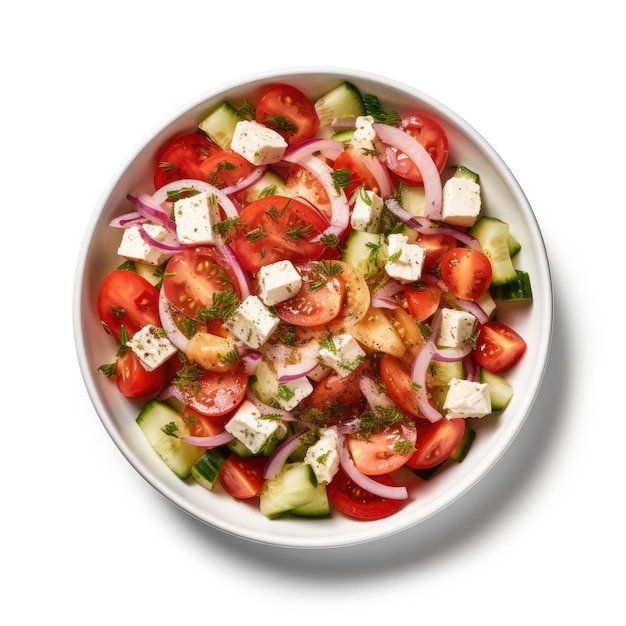 Salada tradicional búlgara shopska com tomate, pepino e queijo sirene búlgaro vista de cima