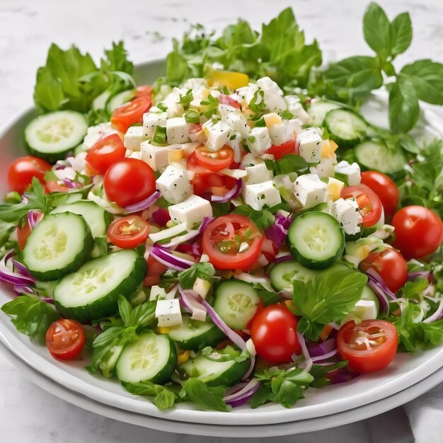 Salada tradicional búlgara de shopska con tomate, pepino y queso sirena búlgaro aislado en blanco