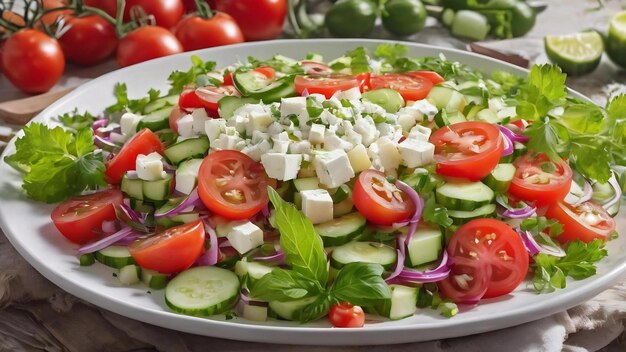 Foto salada tradicional búlgara de shopska con tomate, pepino y queso sirena búlgaro aislado en blanco