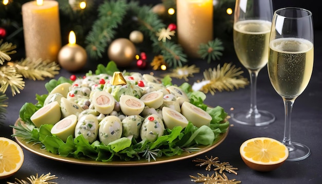 Salada tradicional de Ano Novo Olivier Tábua festiva de Ano Novo e copos de champanhe