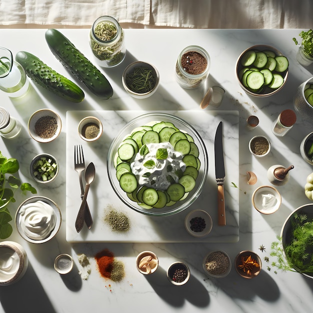 Salada tradicional de pepino de Mizeria em balcão de mármore