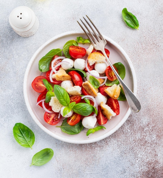 Salada tradicional italiana Panzanella com tomate cereja, queijo mussarela, manjericão e pão em prato de cerâmica. Vista do topo.