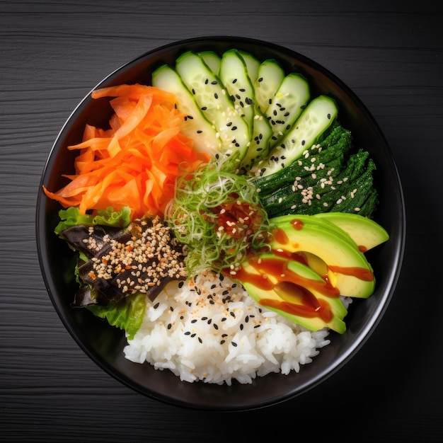 Salada vegana com arroz em conserva, kimchi, repolho, abacate, nori e gergelim em uma tigela, vista superior
