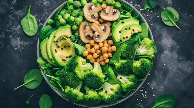 Foto salada vegana de vegetais verdes com cogumelos de abacate brócolis espinafre grão-de-bico p ia generativa