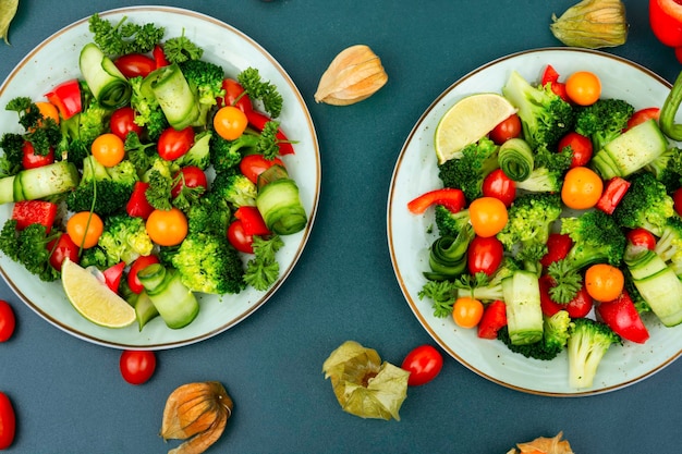 Salada vegana verde decorada com physalis