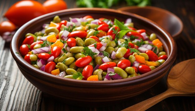 Foto salada vegetariana fresca com cebola de tomate e ervilhas verdes gerada por ia