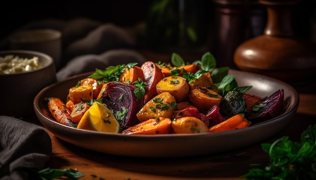 Salada vegetariana fresca na mesa de madeira rústica gerada por IA