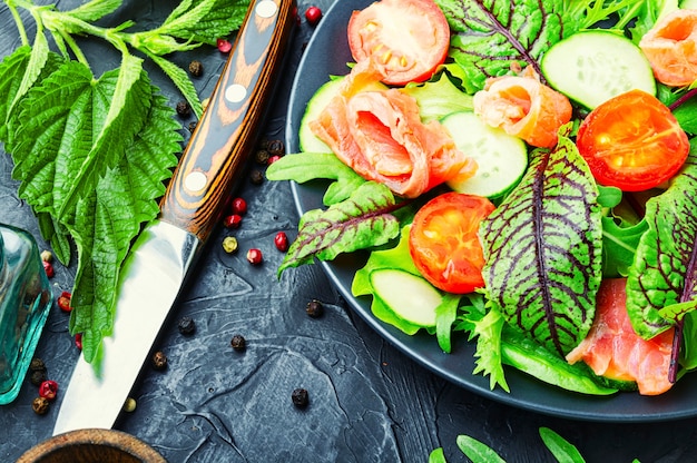 Salada verde mista com salmão salgado