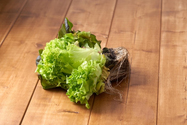 Salada verde numa mesa de madeira