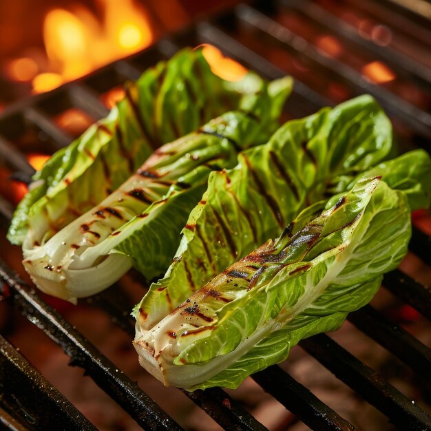 Foto salada verde a la parrilla hojas de lechuga de romaina para barbacoa salada verde grelada espacio de copia