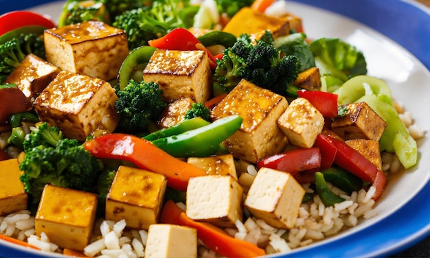 Salada de verduras con plato de tofu frito