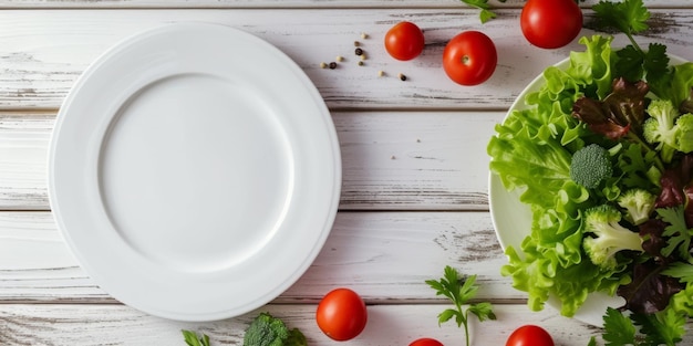 Salada de verduras saludables de pepino de tomate fresco en el plato Vista superior IA generativa
