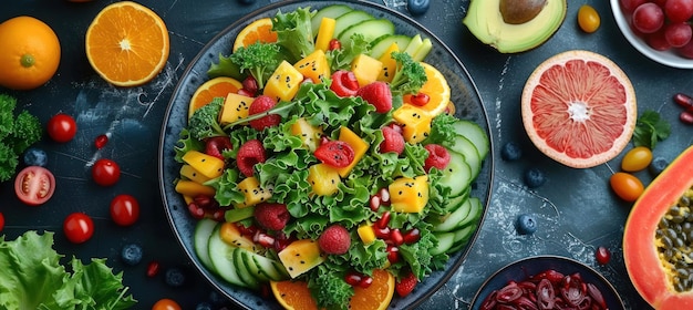 saladas e frutas para almoço ou jantar em um fundo preto com uma mesa azul