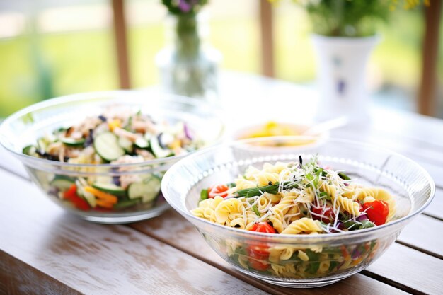 Foto saladas frias de macarrão com vegetais em tigelas grandes