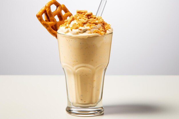 Foto salado batido de mantequilla de maní con guarnición de pretzels sobre fondo blanco beber en un vaso batido