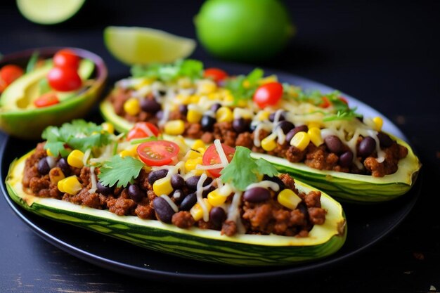 Salado Enchilada rellenado Zucchini botes con cebolla negra