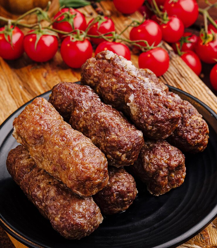 Salados rollos de carne a la parrilla servidos con tomates cereza frescos