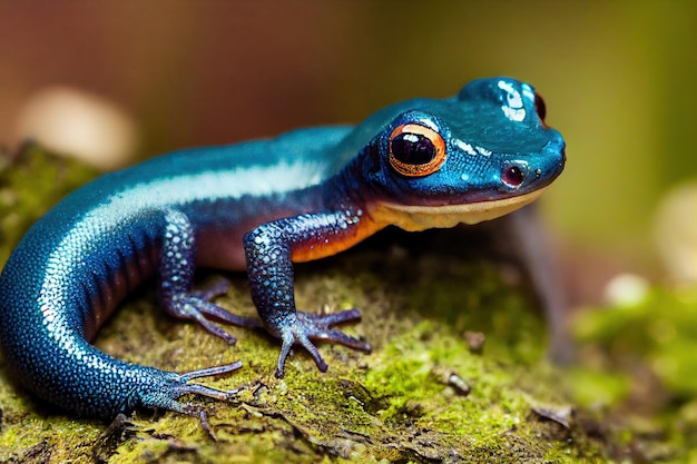 Salamandra azul escura com olhos laranja em pedra musgosa