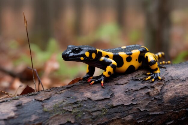 Foto salamandra de fogo com pele preta e manchas coloridas sentada em uma árvore em ambiente natural high qua