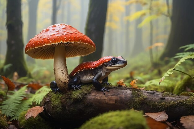 Foto salamandra de fogo manchada sentada em cogumelo cep cute cenário na floresta de outono