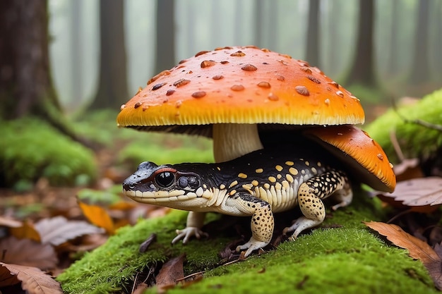 Salamandra de fogo manchada sentada em cogumelo cep Cute cenário na floresta de outono