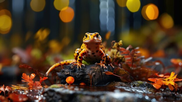 Foto salamandra de fogo vívido na floresta de outono vida selvagem colorida no habitat natural