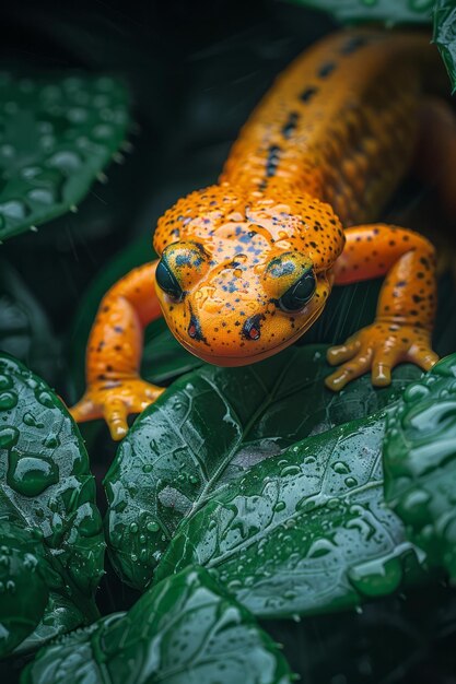 Una salamandra deslizándose a través de la maleza húmeda su piel vibrante un salto de color