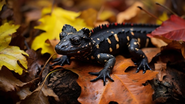 Foto la salamandra de mármol se arrastra a través de las hojas