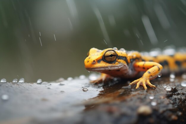 Salamandra sob uma rocha com gotas de água em suas costas