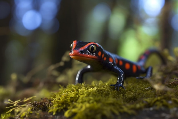 Foto salamandra vibrante em seu habitat de musgo