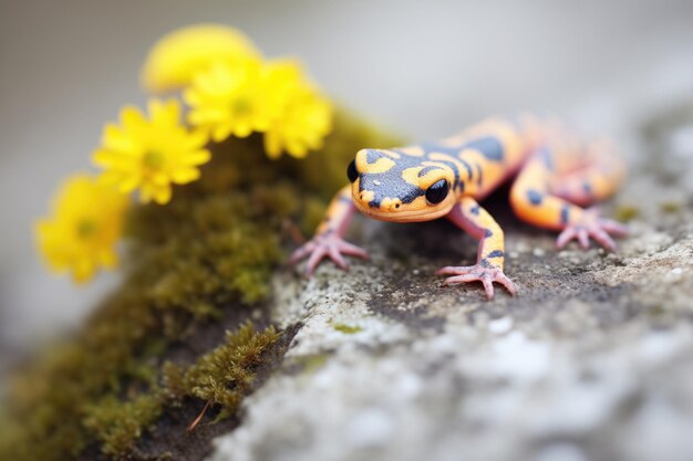 Foto salamandra vívida escondida sob uma pedra coberta de pétalas na primavera