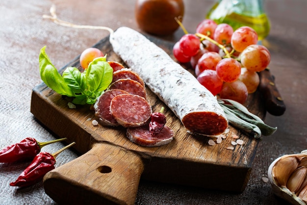 salame com especiarias a bordo salame e uva fresca