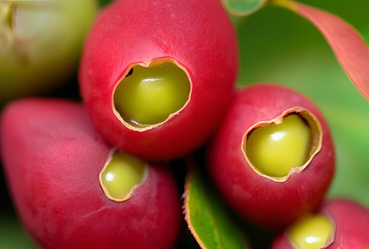 Foto salame cortado em fundo de madeira closeup de três bagas milagrosas de uma planta synsepalum dulcificum conhecida por sua bagas que, quando comidas, fazem com que os alimentos ácidos tenham um sabor doce 2
