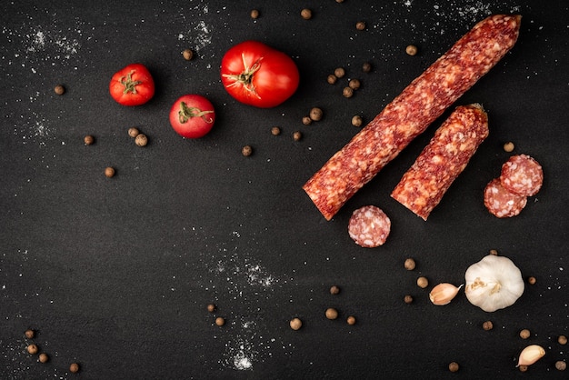 Salame de linguiça defumada em mesa preta