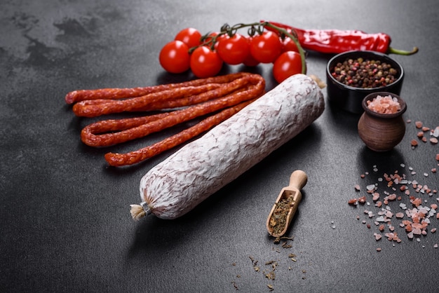 Salame de linguiça seca espanhola em um fundo escuro de concreto. Preparação de deliciosos sanduíches frescos