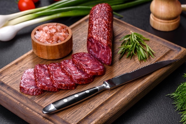 Salame defumado com alho alecrim e tomate na tábua de madeira