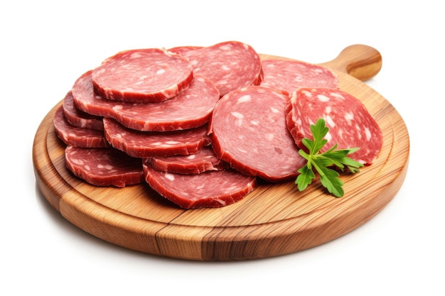 Salame em tábua de madeira com fundo branco