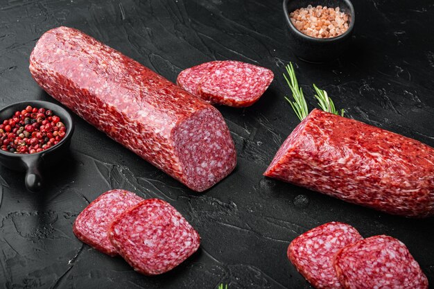 Salami con conjunto de ingredientes, sobre fondo de mesa de piedra oscura negra