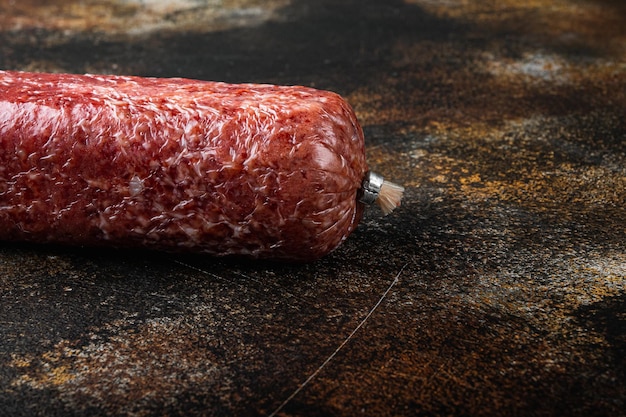 Salami geräucherter Wurstsatz, auf altem dunklem rustikalem Hintergrund, mit Kopienraum für Text