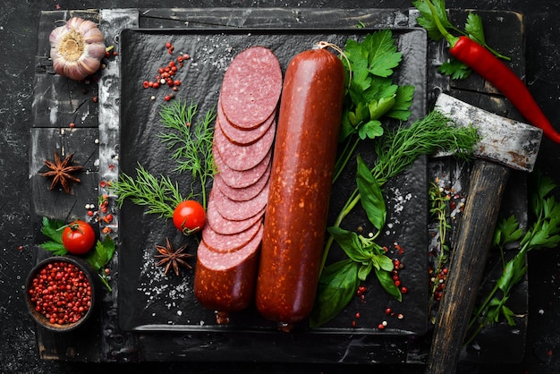 Salami mit frischem Rosmarin und Gewürzen auf schwarzem Steinhintergrund Draufsicht Freier Platz für Text