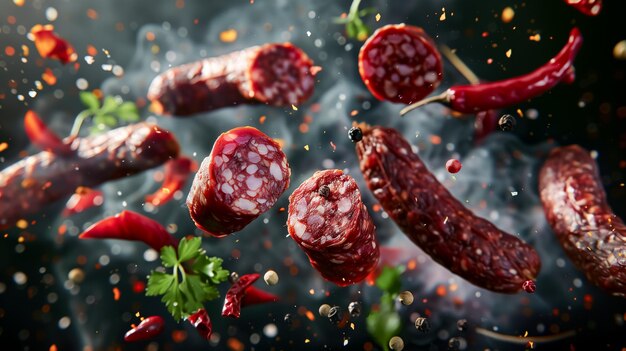 Salami-Präsentation mit Zutaten und Gewürzen