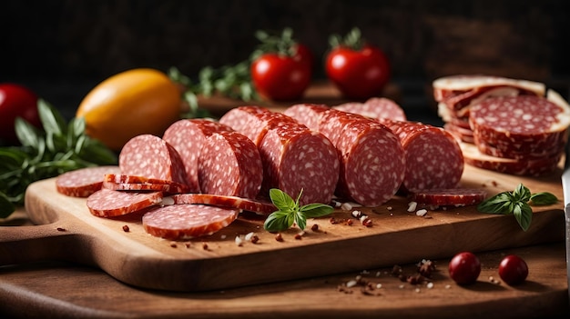 Salami en rodajas sobre una tabla de cortar de madera