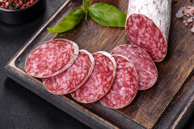 Salami de salchicha seca española sobre un fondo de hormigón oscuro. Preparación de deliciosos bocadillos frescos.