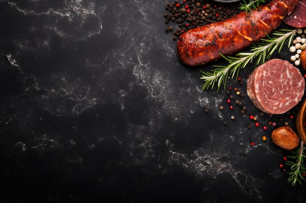 Salami de salchichas especiadas con romero y carne ahumada en piedra negra Vista aérea Espacio para texto