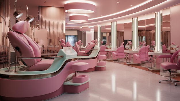 Foto salão de arafe com cadeiras e espelhos cor-de-rosa e um balcão rosa generativo ai