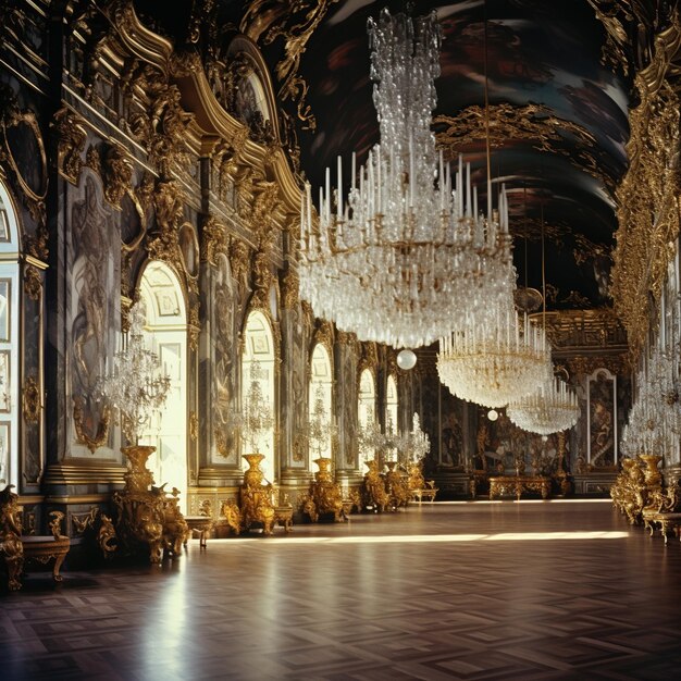 Salão de baile ornamentado com lustres de cristal