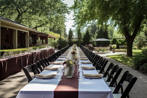 Salão de banquetes com mesas compridas preparadas para um jantar formal ao ar livre criado com IA generativa